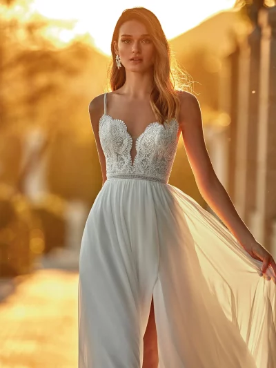 Vestido de novia KACY de San Patrick con falda de gasa fluida y escote en pico.